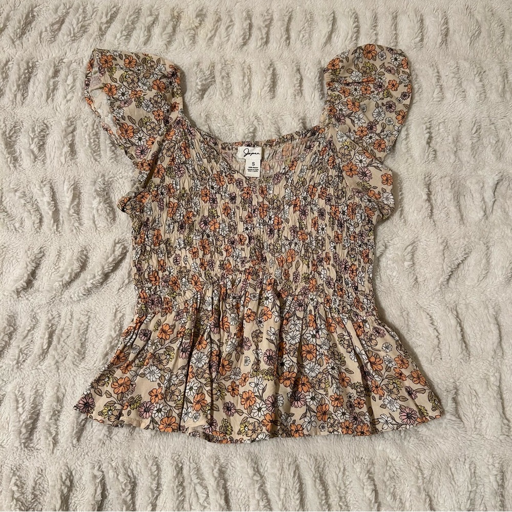 Japna Multicolor Floral Scrunched Waist Lettuce Ruffle Blouse